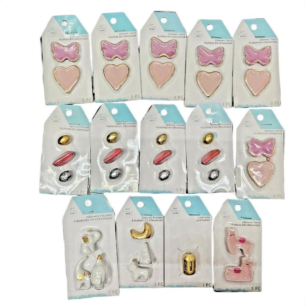 DIY Modern Mini Ceramic Dollhouse Lot: 14pc Llama Elephant Butterfly Heart Pink